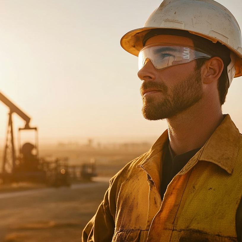 A professional oil rig worker from the Masters' Guild inspecting an oil pumpjack in a vast Southern oil field with refineries in the background.